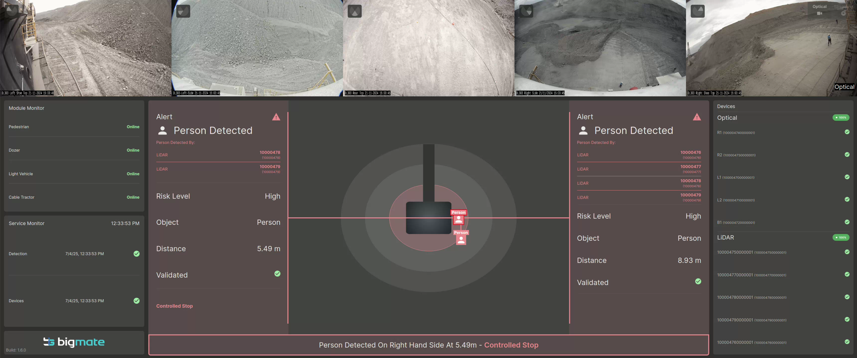 Personnel detection system HUD display showing real-time safety monitoring